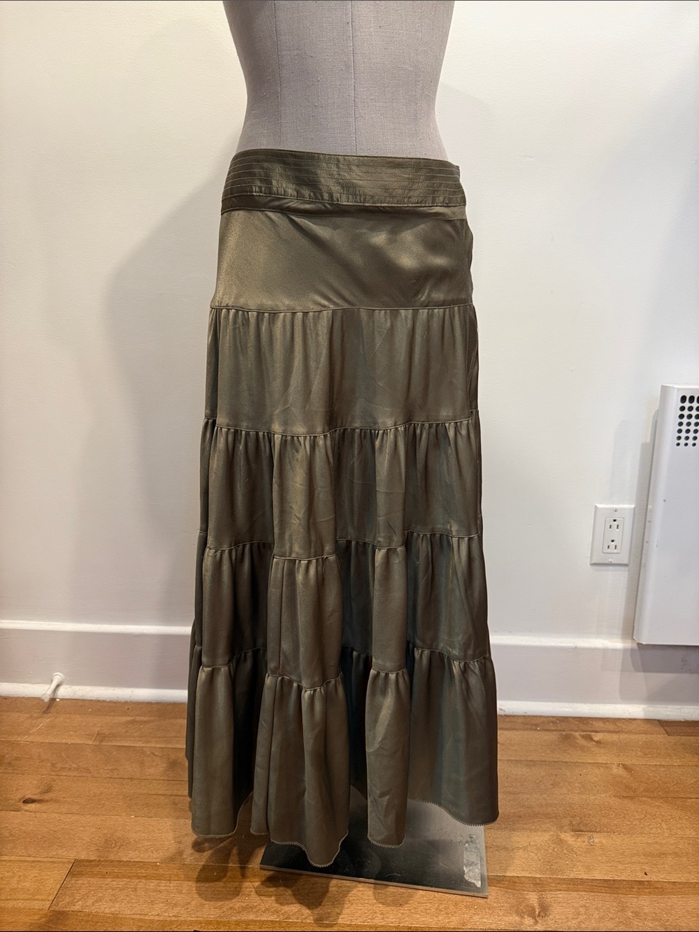 Liz Claiborne Bronze Satin Tiered Maxi Skirt Large Boho Chic